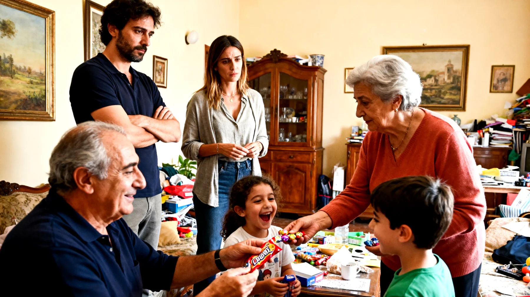 I nonni tendono a viziare eccessivamente i nipoti bambini, concedendo tutto ciò che chiedono senza limiti né regole, creando conflitti con i genitori e difficoltà educative nel lungo termine"