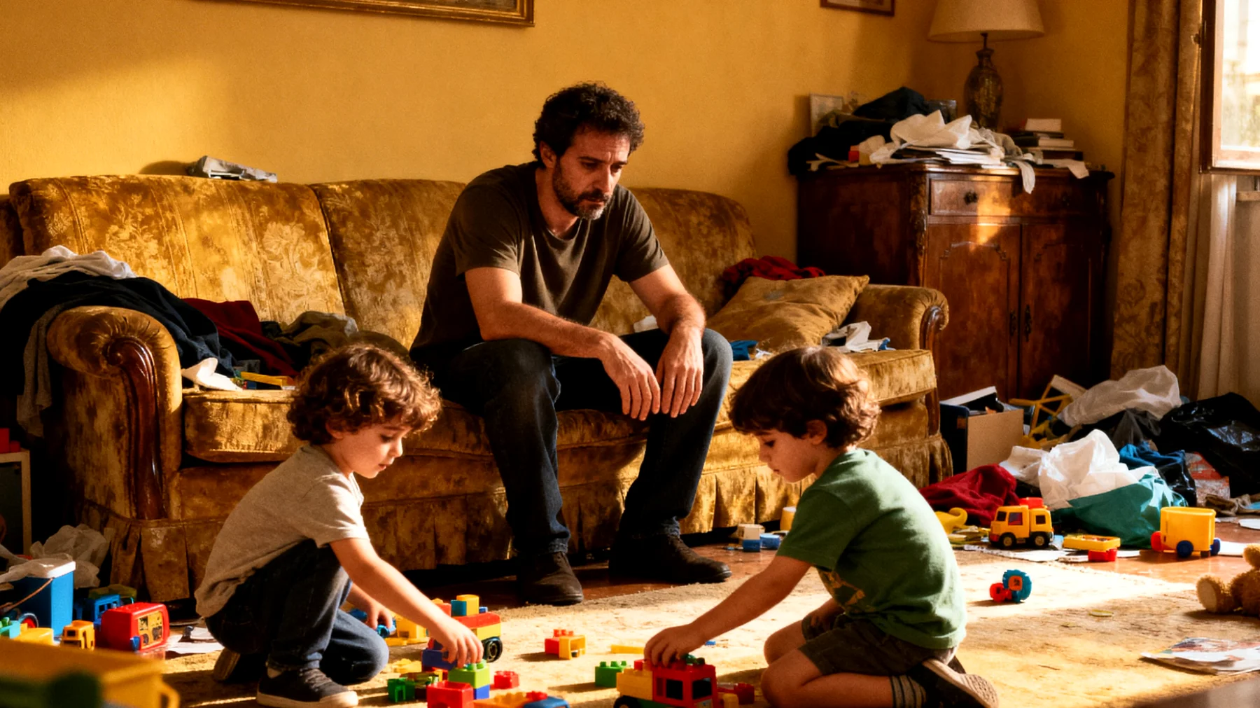 Un papà che fatica a stabilire regole chiare e limiti educativi con i propri bambini a causa di un atteggiamento eccessivamente permissivo, rischiando di compromettere lo sviluppo della loro autonomia e senso di responsabilità"